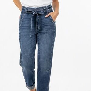 Redone High Rise Bender Jeans Studded Tie Waist Off Beat Blue Sz 25